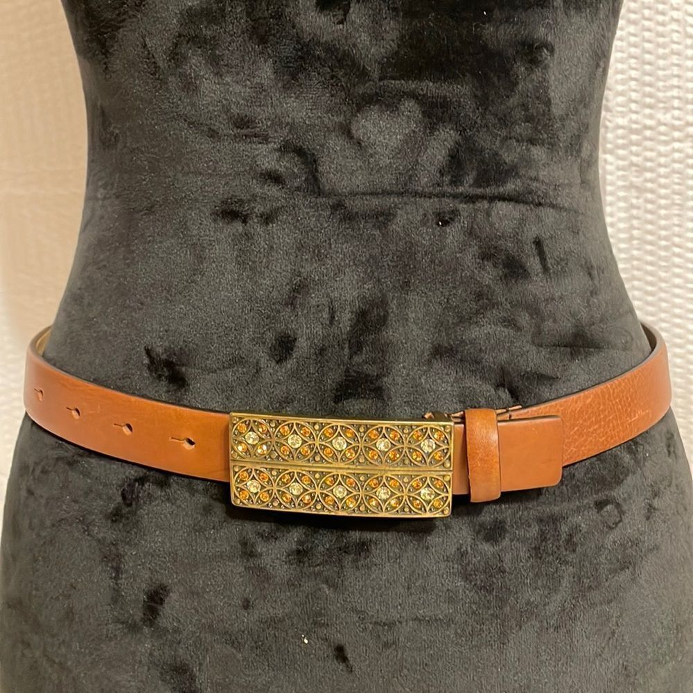 Doncaster Women’s brown leather belt with gold and rhinestone buckle size small
